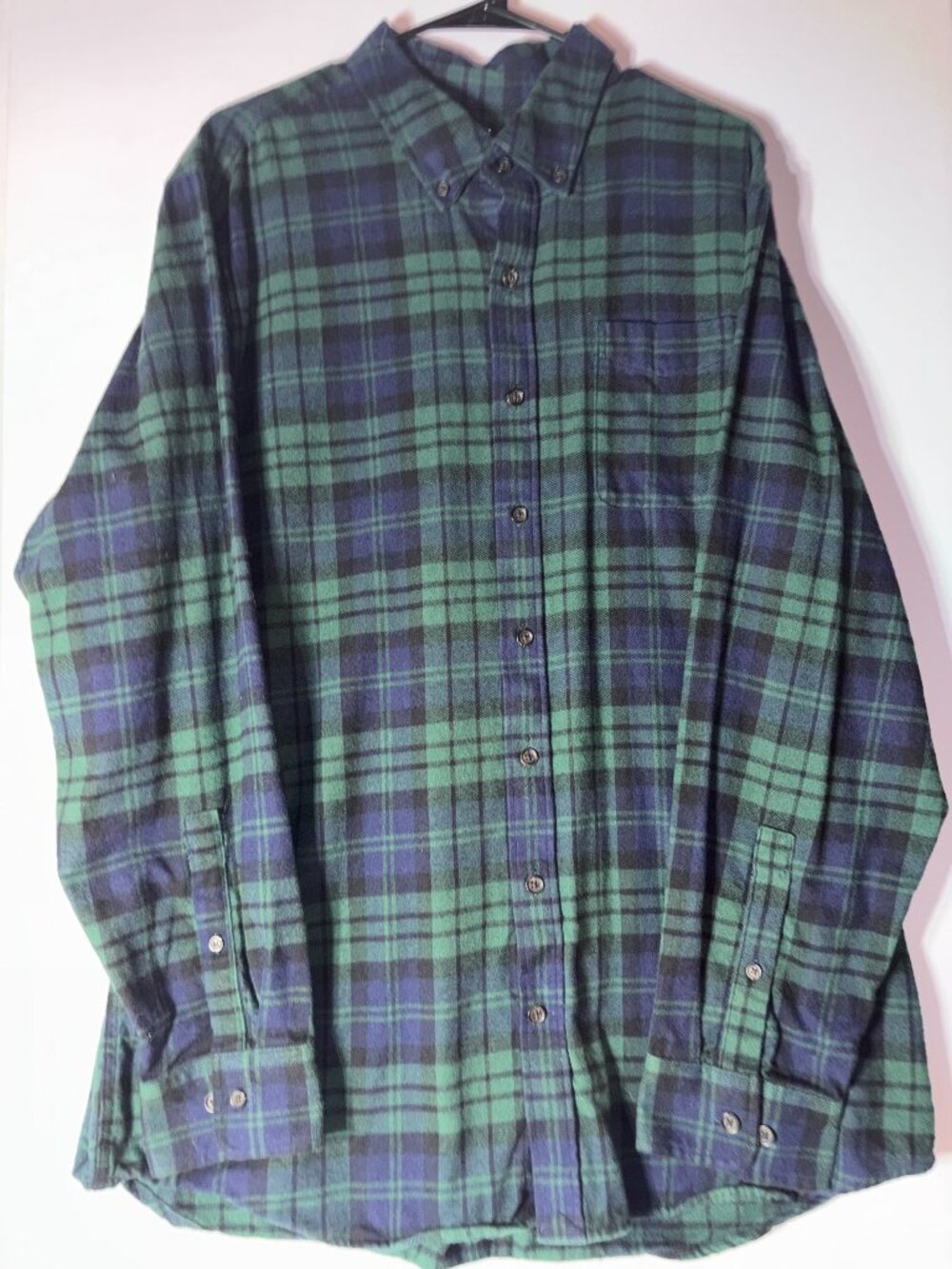 Lands' End Men's XL/T Plaid Flannel Button Down Shirt Green Blue Long Sleeve